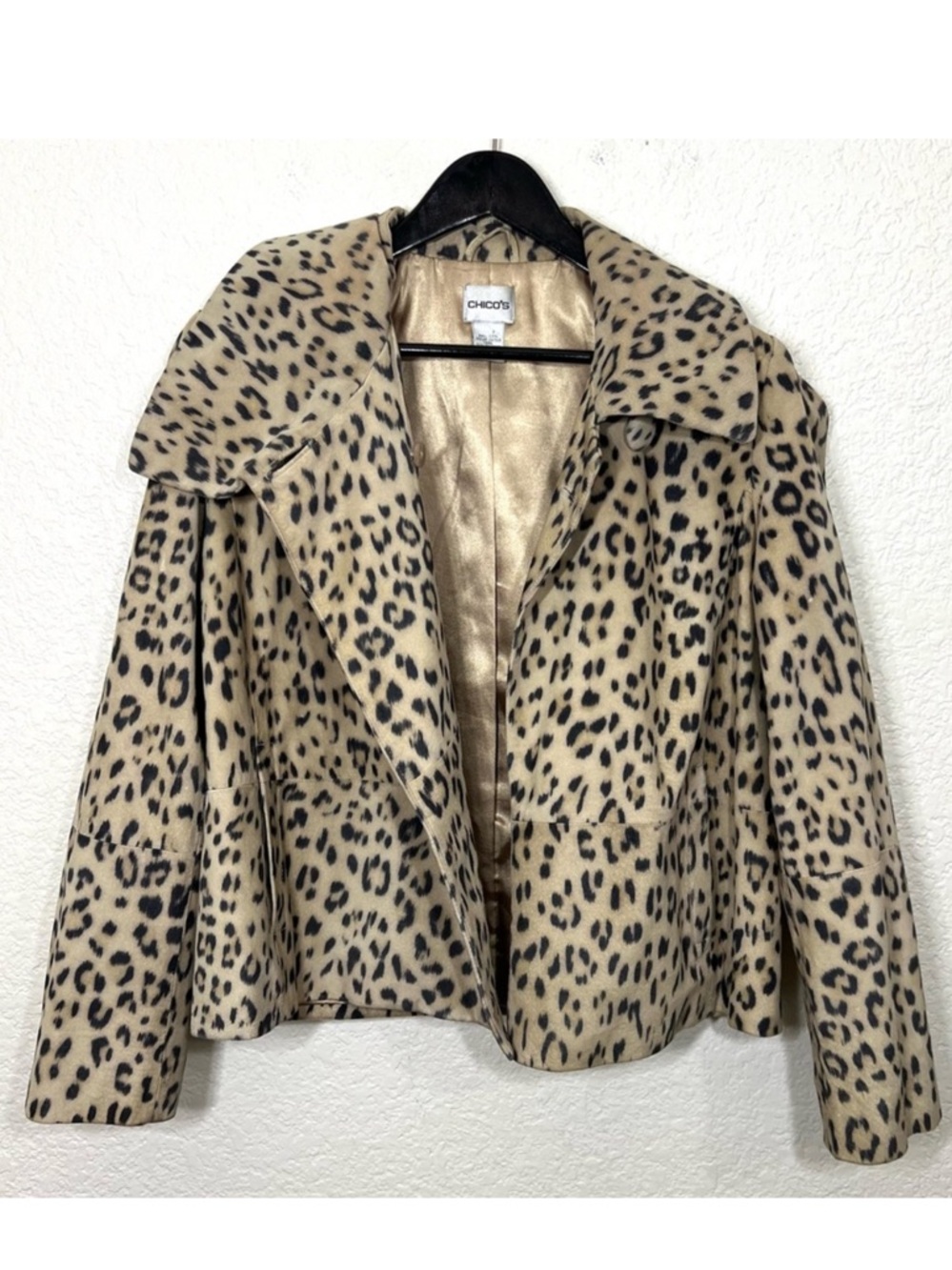 Chico’s Leopard Print Leather Suede Jacket Single Button Size S